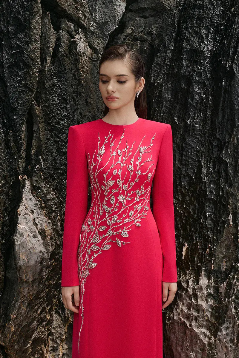 Red Padded Shoulder Crystal Embellished Straight Maxi Dress