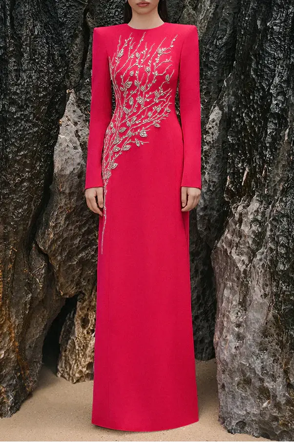Red Padded Shoulder Crystal Embellished Straight Maxi Dress