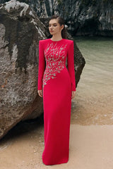 Red Padded Shoulder Crystal Embellished Straight Maxi Dress