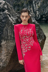 Red Padded Shoulder Crystal Embellished Straight Maxi Dress