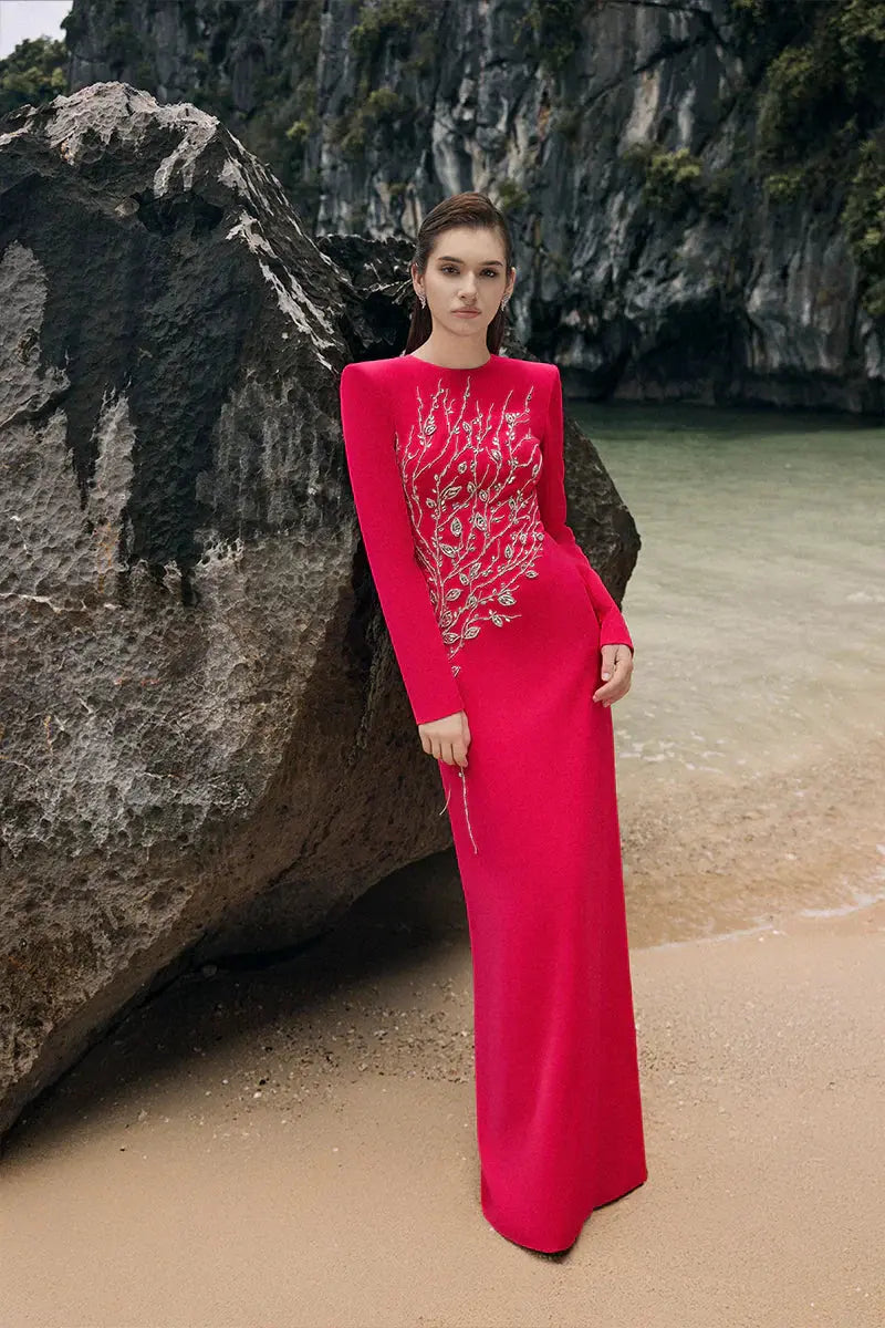 Red Padded Shoulder Crystal Embellished Straight Maxi Dress
