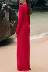Red Padded Shoulder Crystal Embellished Straight Maxi Dress