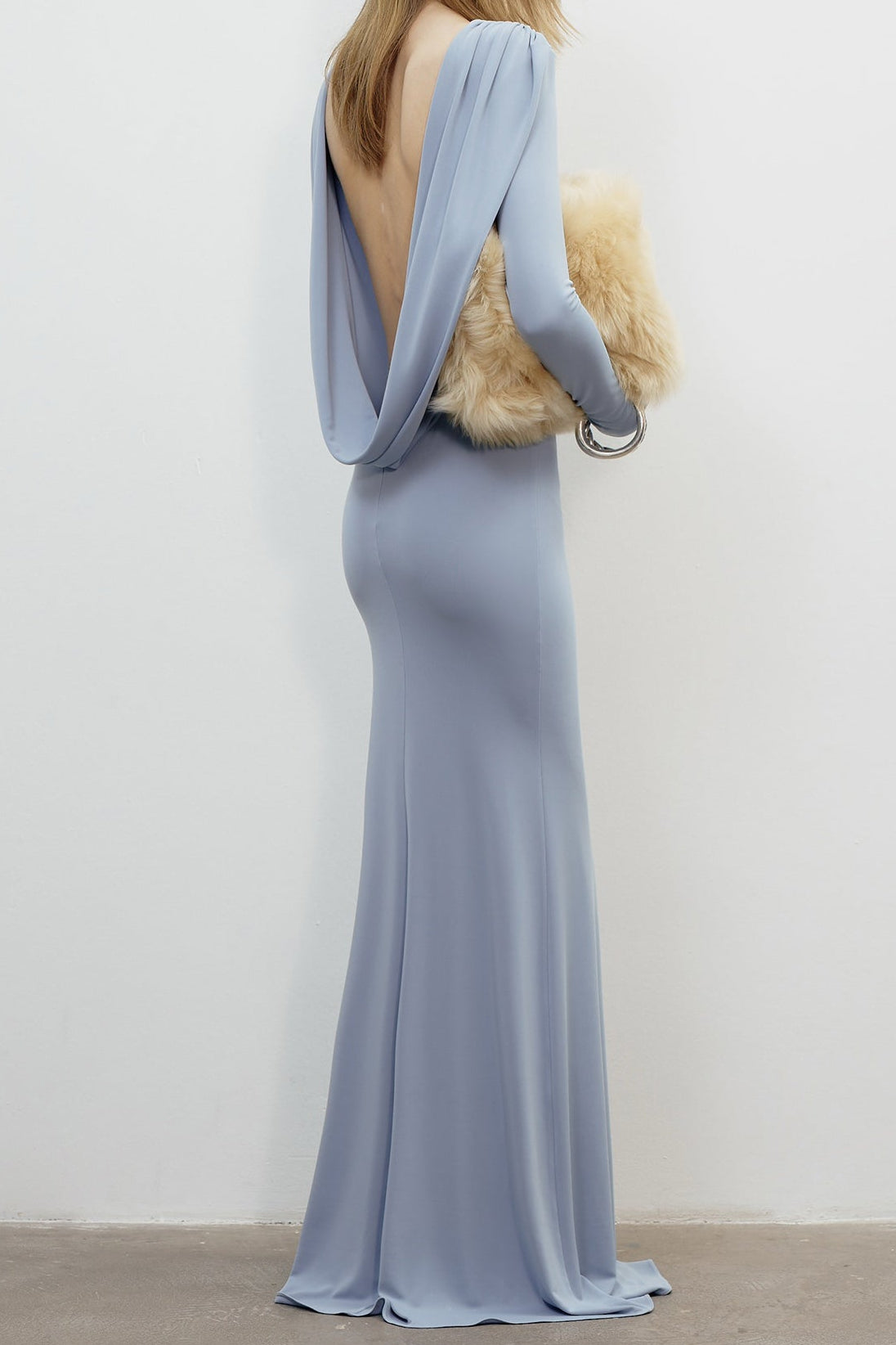 Knitted Long Sleeves Backless Bodycon Maxi Dress in Blue