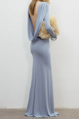 Knitted Long Sleeves Backless Bodycon Maxi Dress in Blue