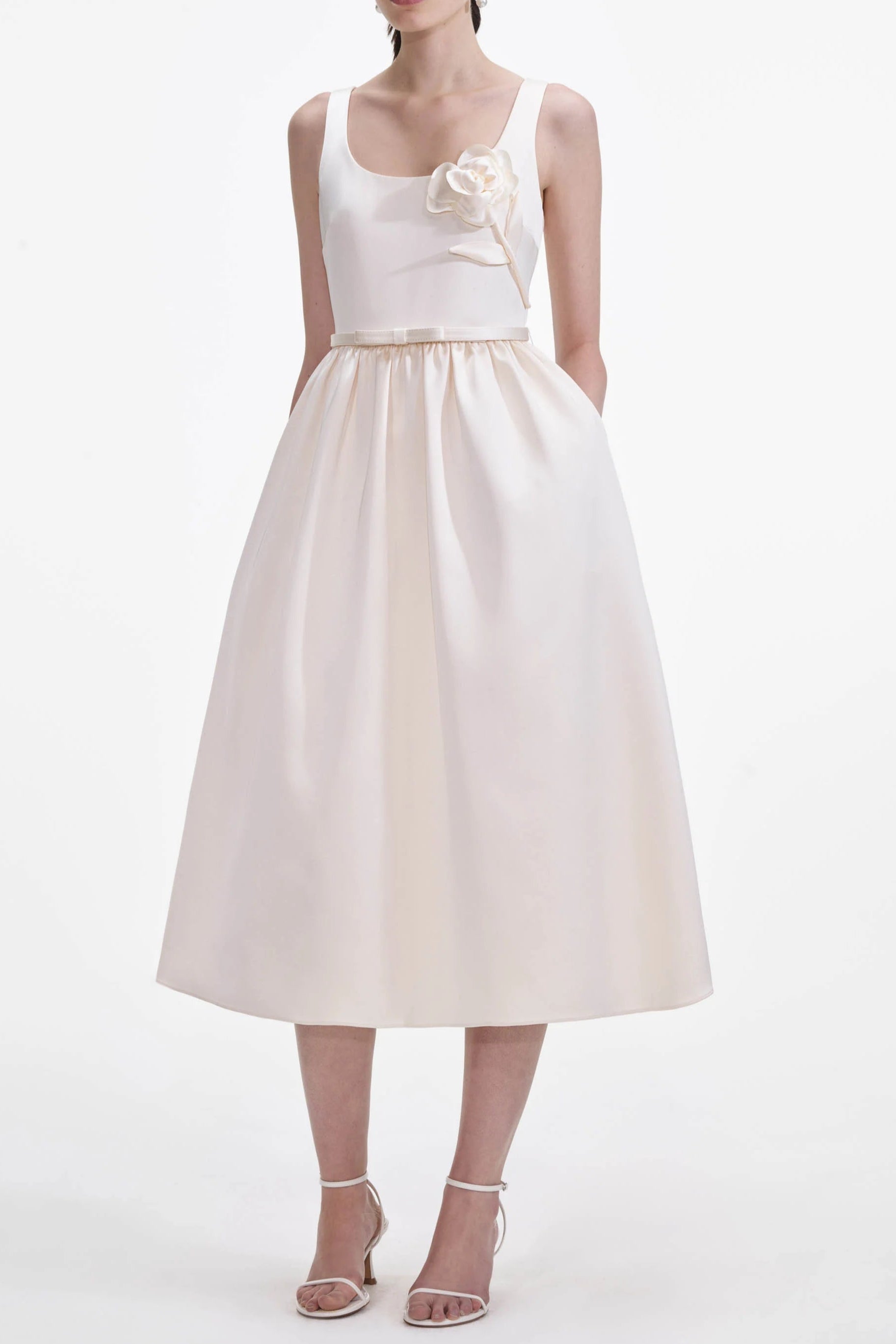 Cream Satin Flower Midi Dress