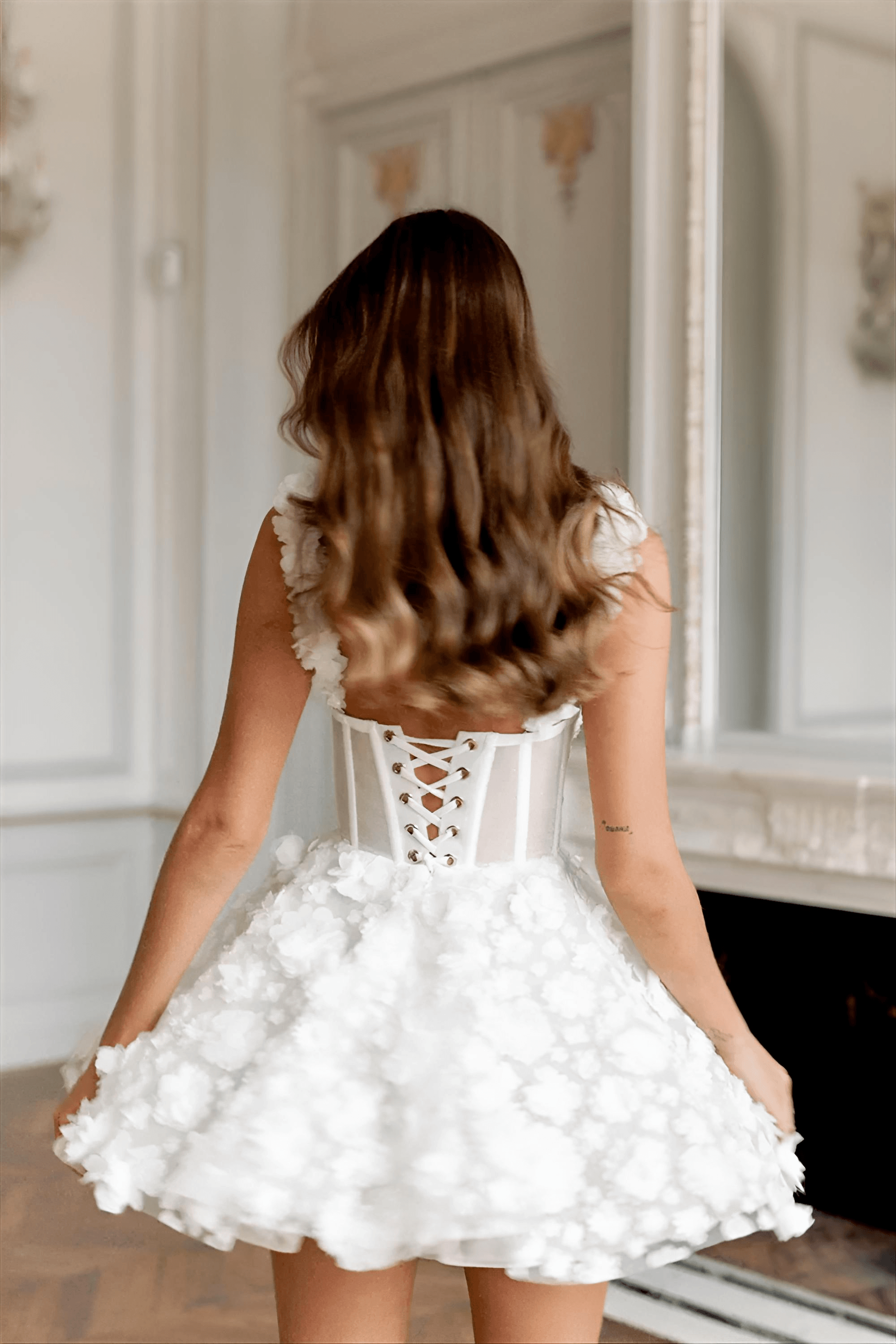 White Flower Lace Embroidery Lace-Up Strap Mini Dress