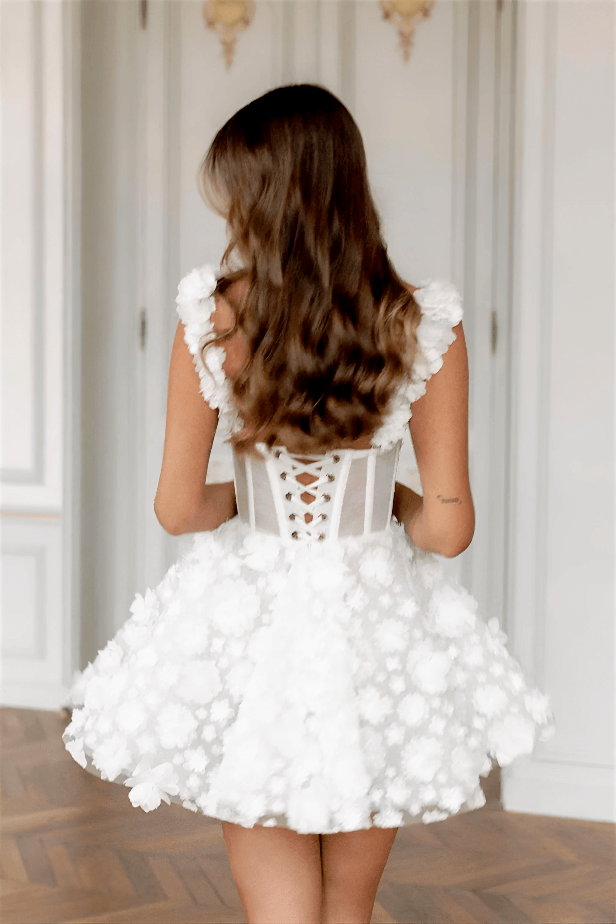 White Flower Lace Embroidery Lace-Up Strap Mini Dress