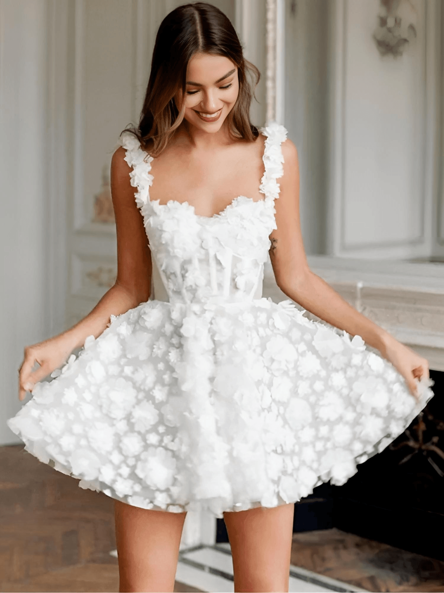 White Flower Lace Embroidery Lace-Up Strap Mini Dress