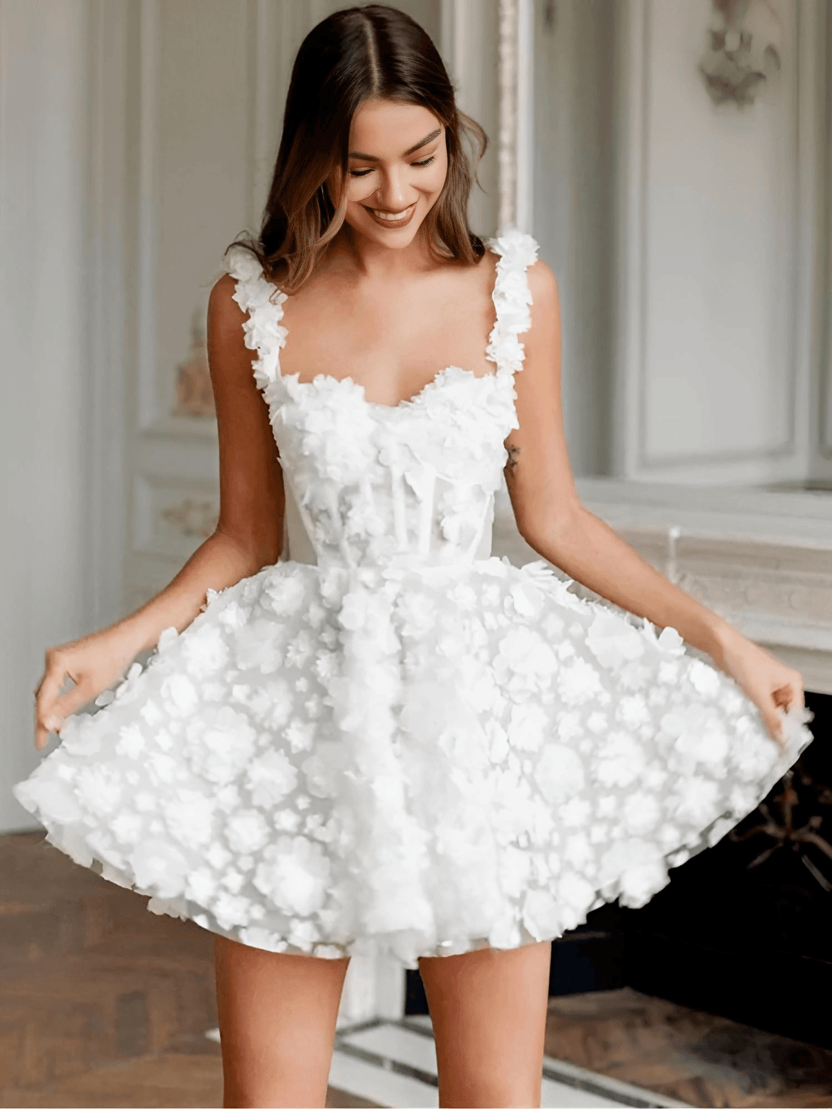 White Flower Lace Embroidery Lace-Up Strap Mini Dress