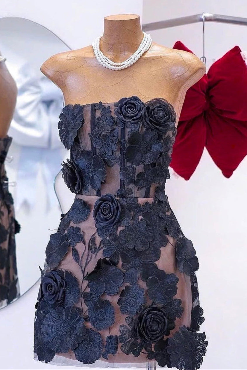 Floral Embroidery Mini Dress in Black