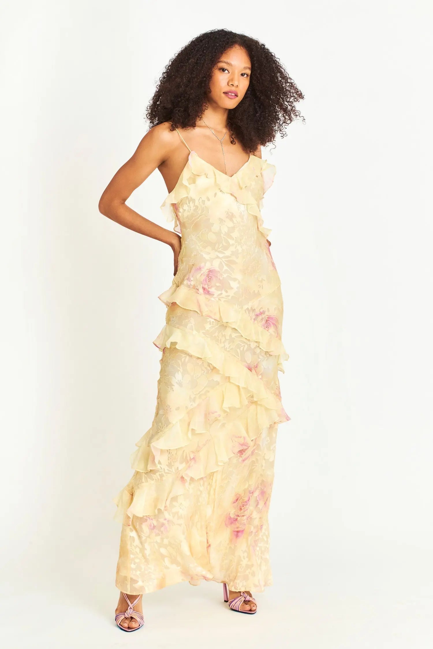 Ruffle Trim Floral Maxi Dress in Yellow