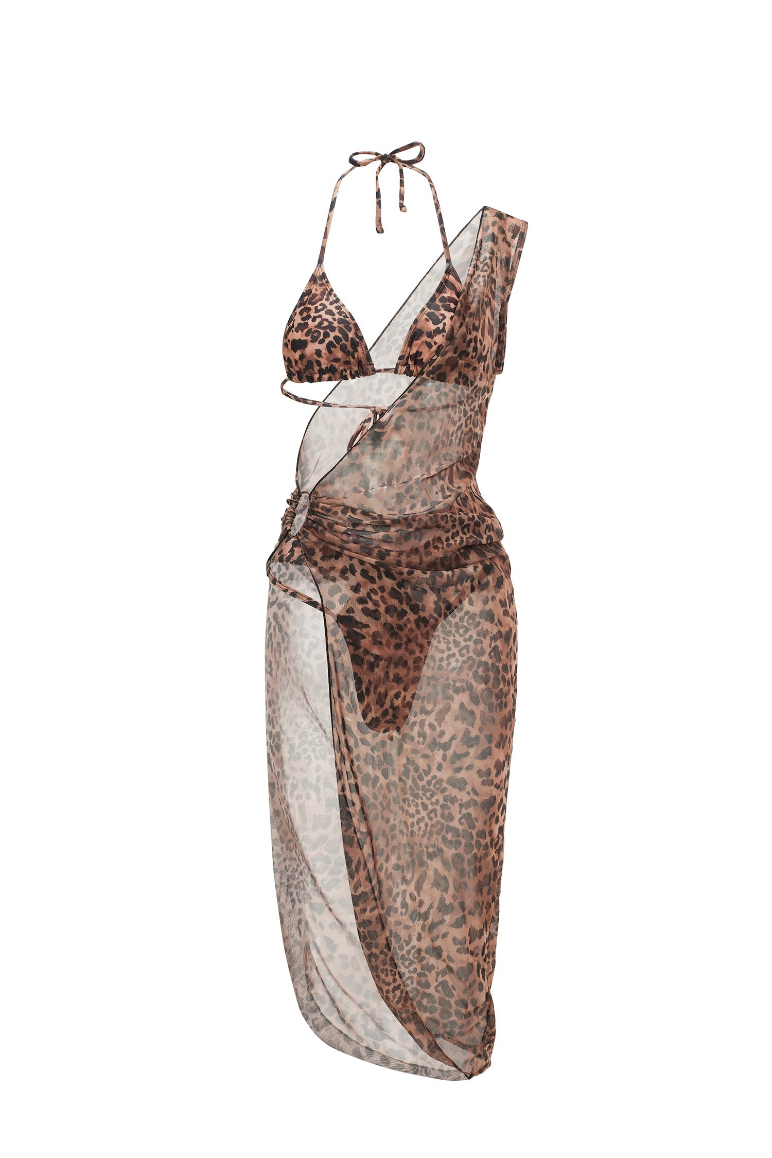 Print Triangle Bikini & Cutout Ring Side Mesh Cover-Up Swimsuit