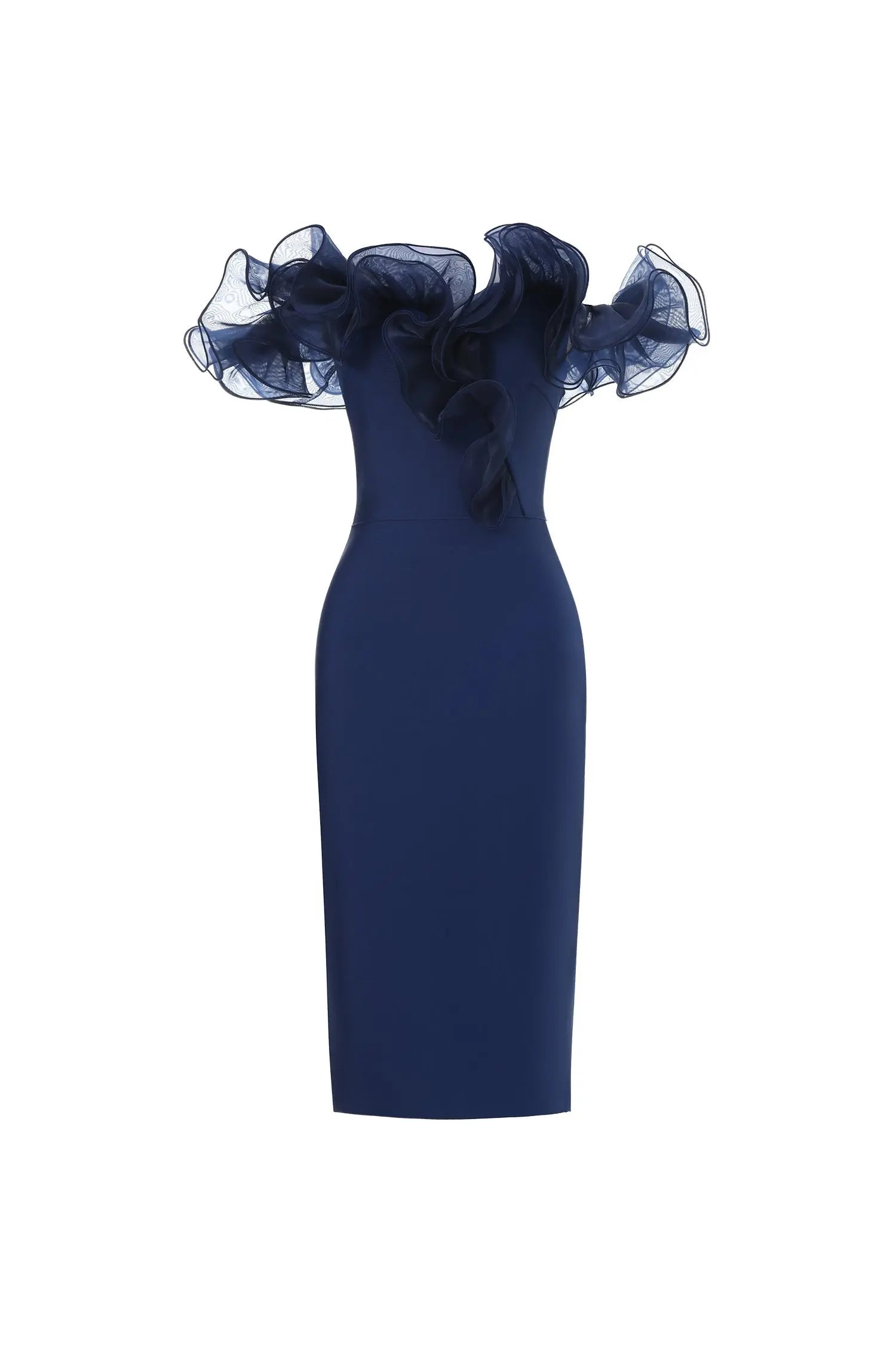 Off-Shoulder Flounce Bandage Blue Midi Dress