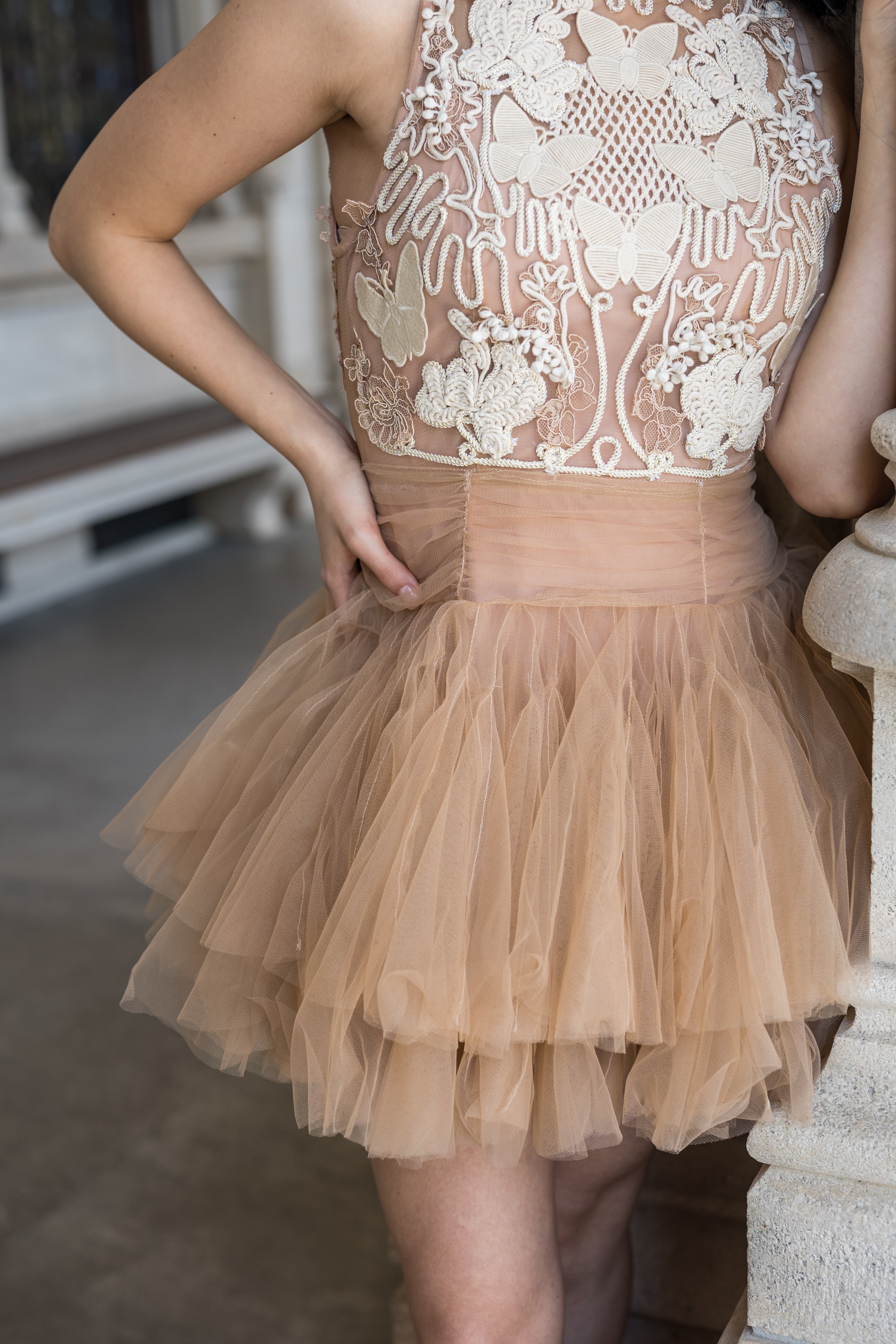 Beige Mini Dress with 3D Applique