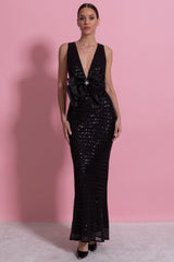 Sequin Maxi Dress With Satin Detail - Black
