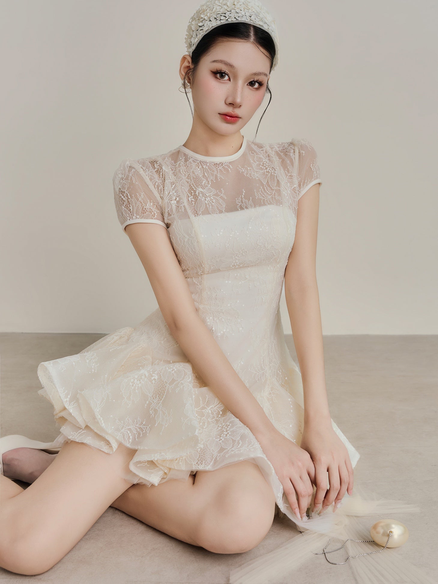 Sequin Lace Puffy Mini Dress in White