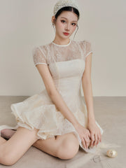 Sequin Lace Puffy Mini Dress in White