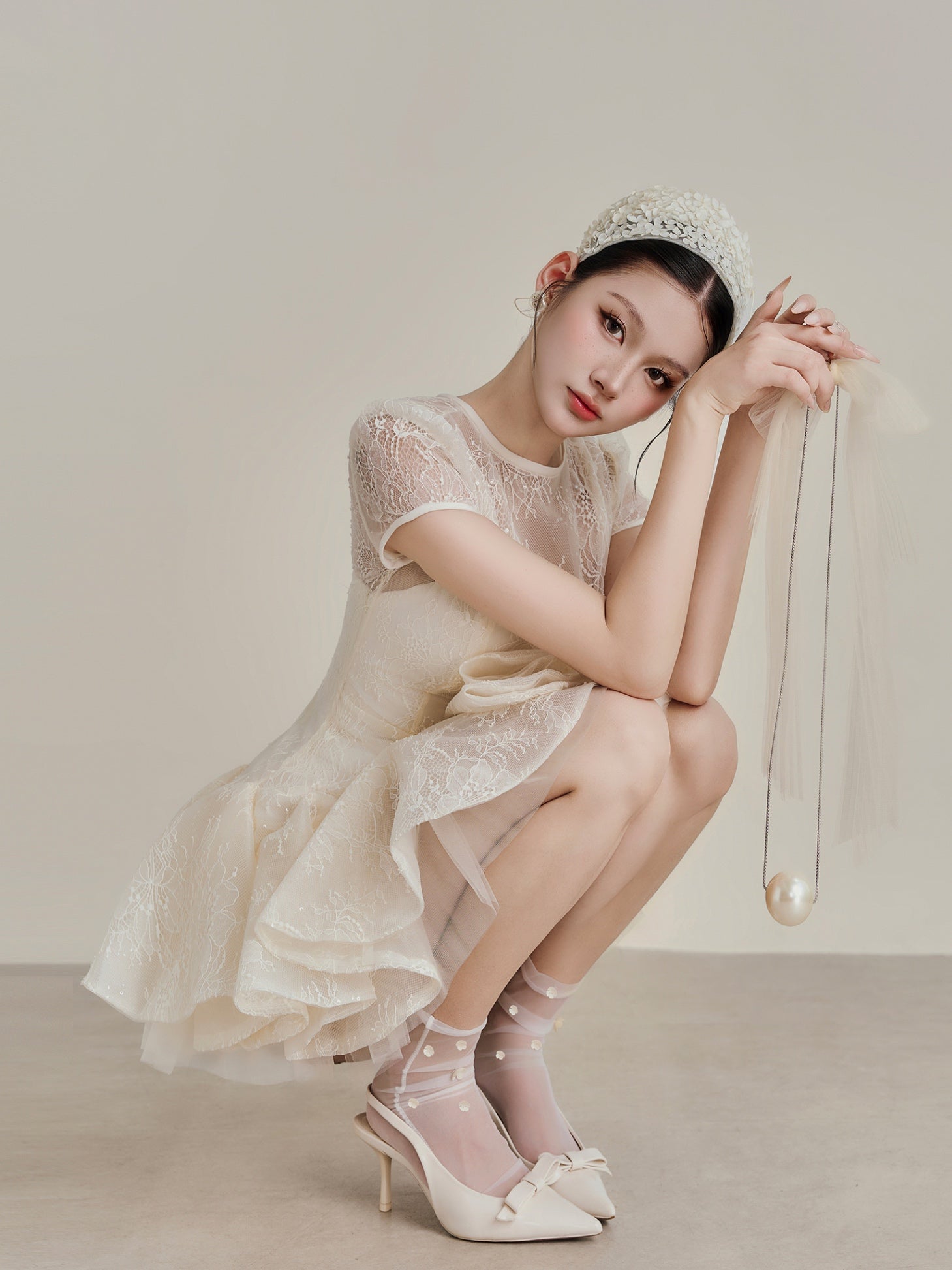 Sequin Lace Puffy Mini Dress in White