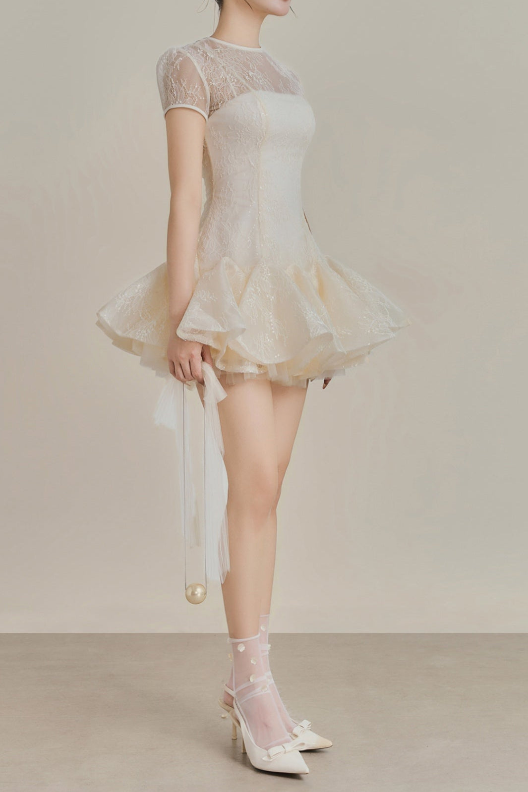 Sequin Lace Puffy Mini Dress in White