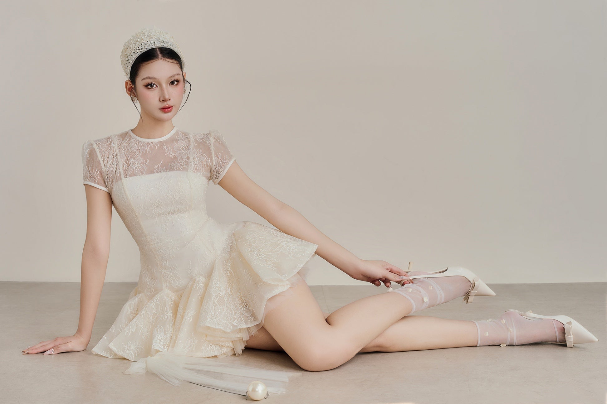 Sequin Lace Puffy Mini Dress in White