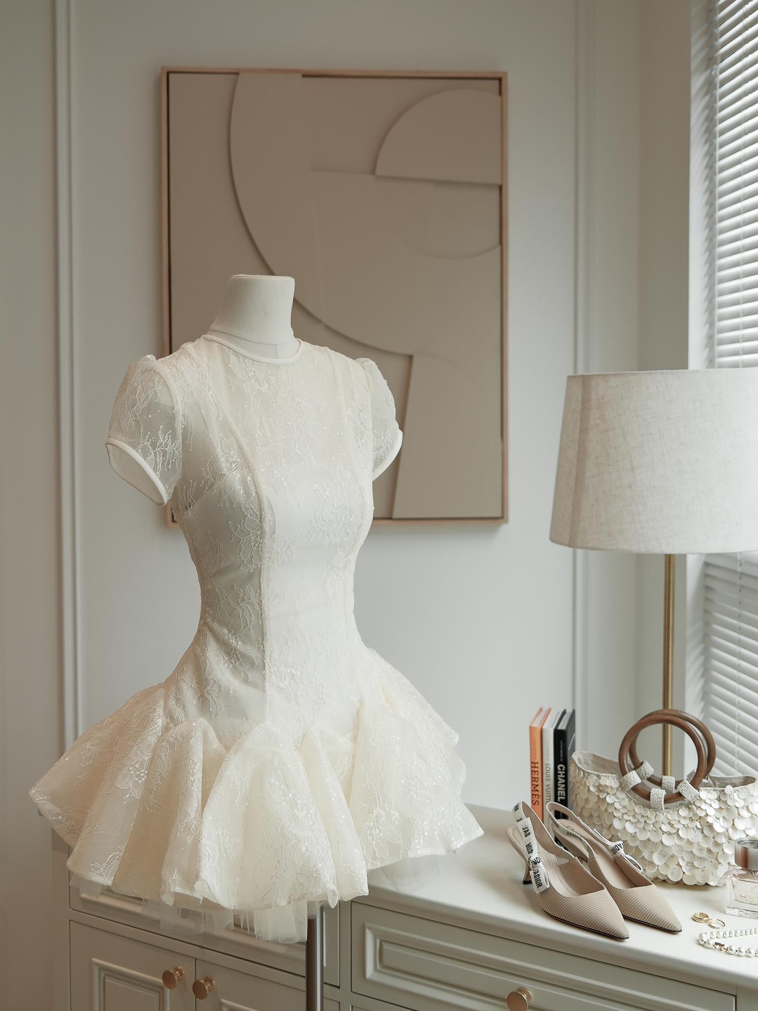 Sequin Lace Puffy Mini Dress in White