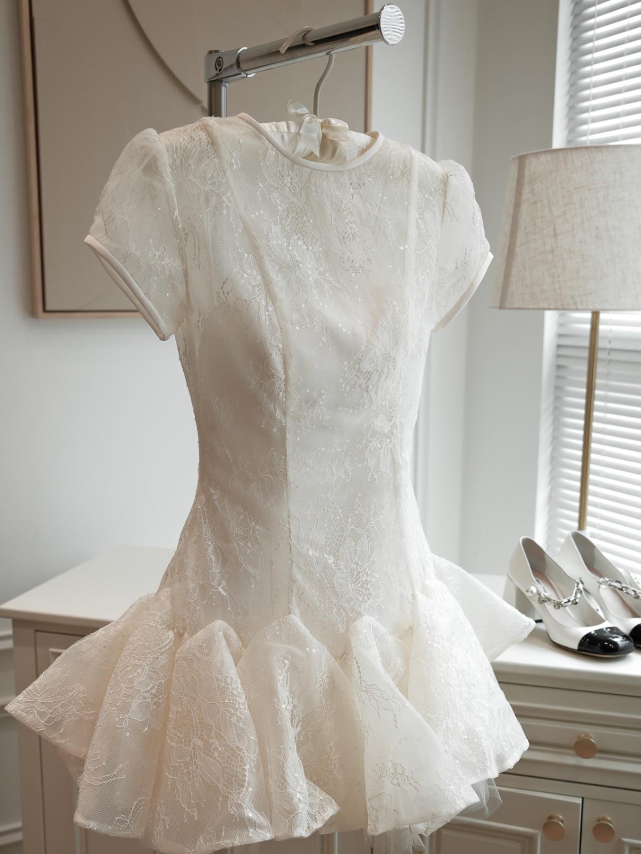 Sequin Lace Puffy Mini Dress in White