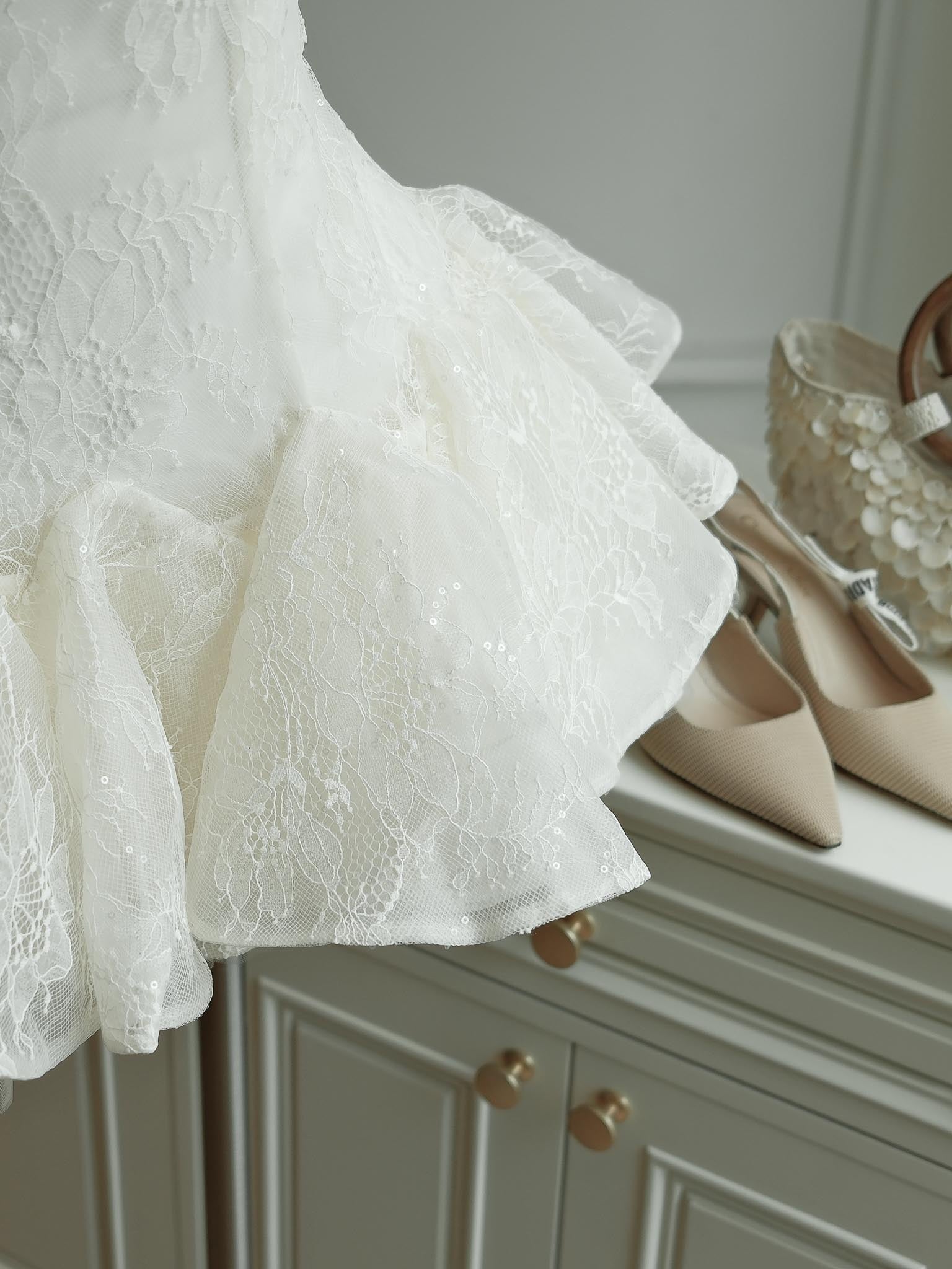 Sequin Lace Puffy Mini Dress in White
