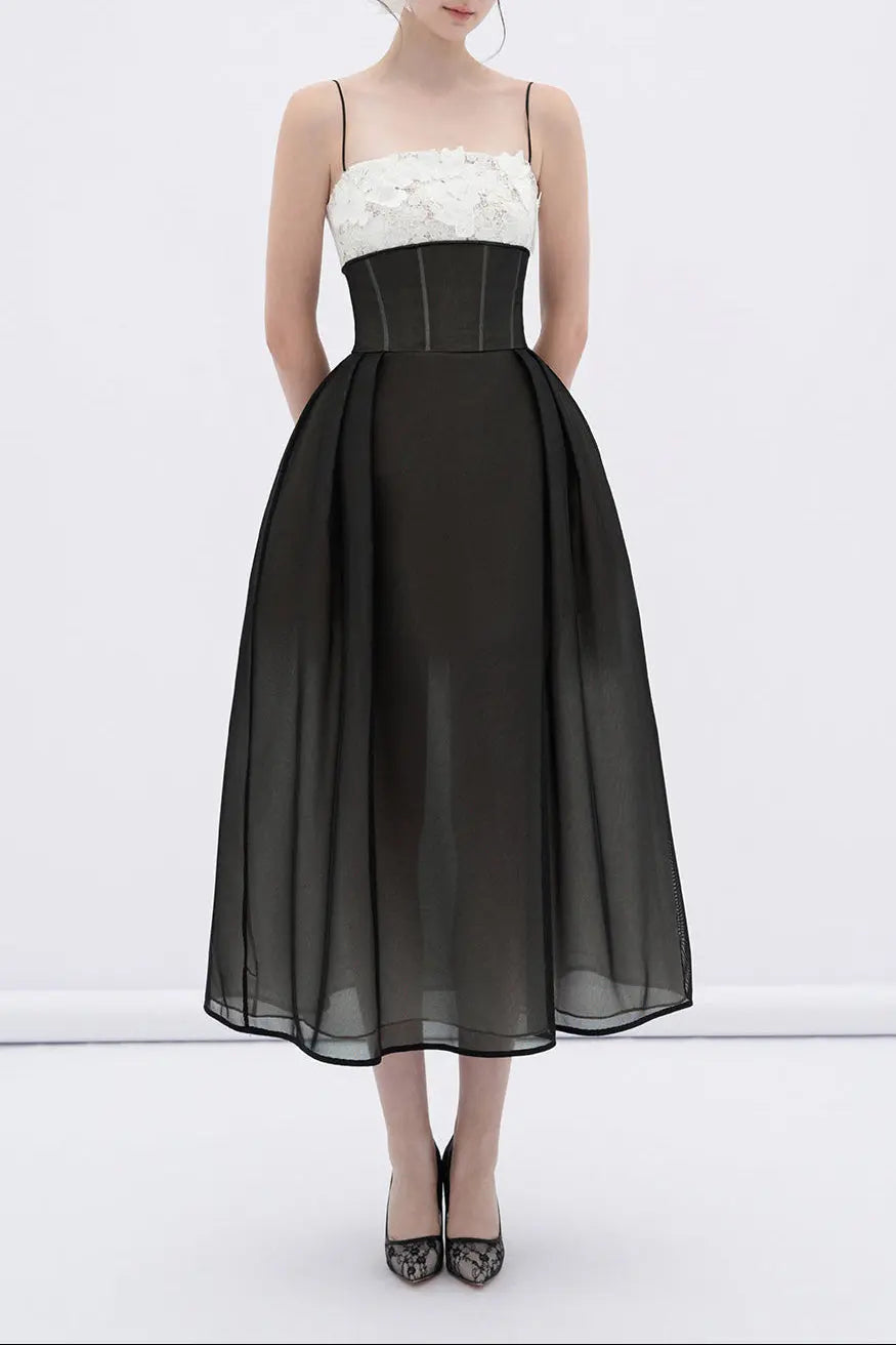 A-line Corset Waist Mesh Midi Dress