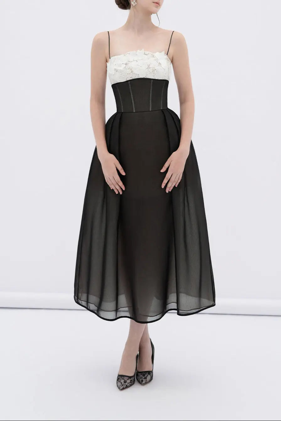 A-line Corset Waist Mesh Midi Dress