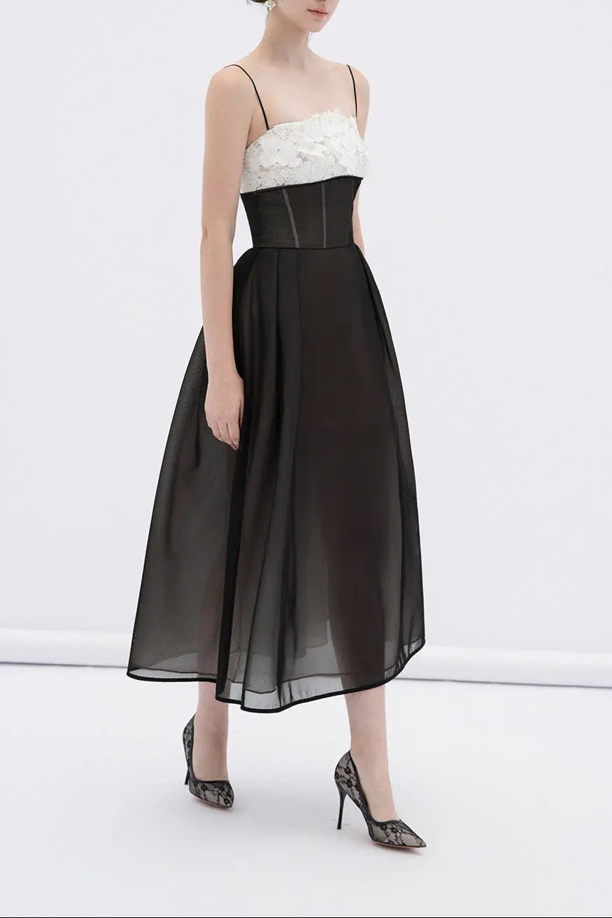 A-line Corset Waist Mesh Midi Dress