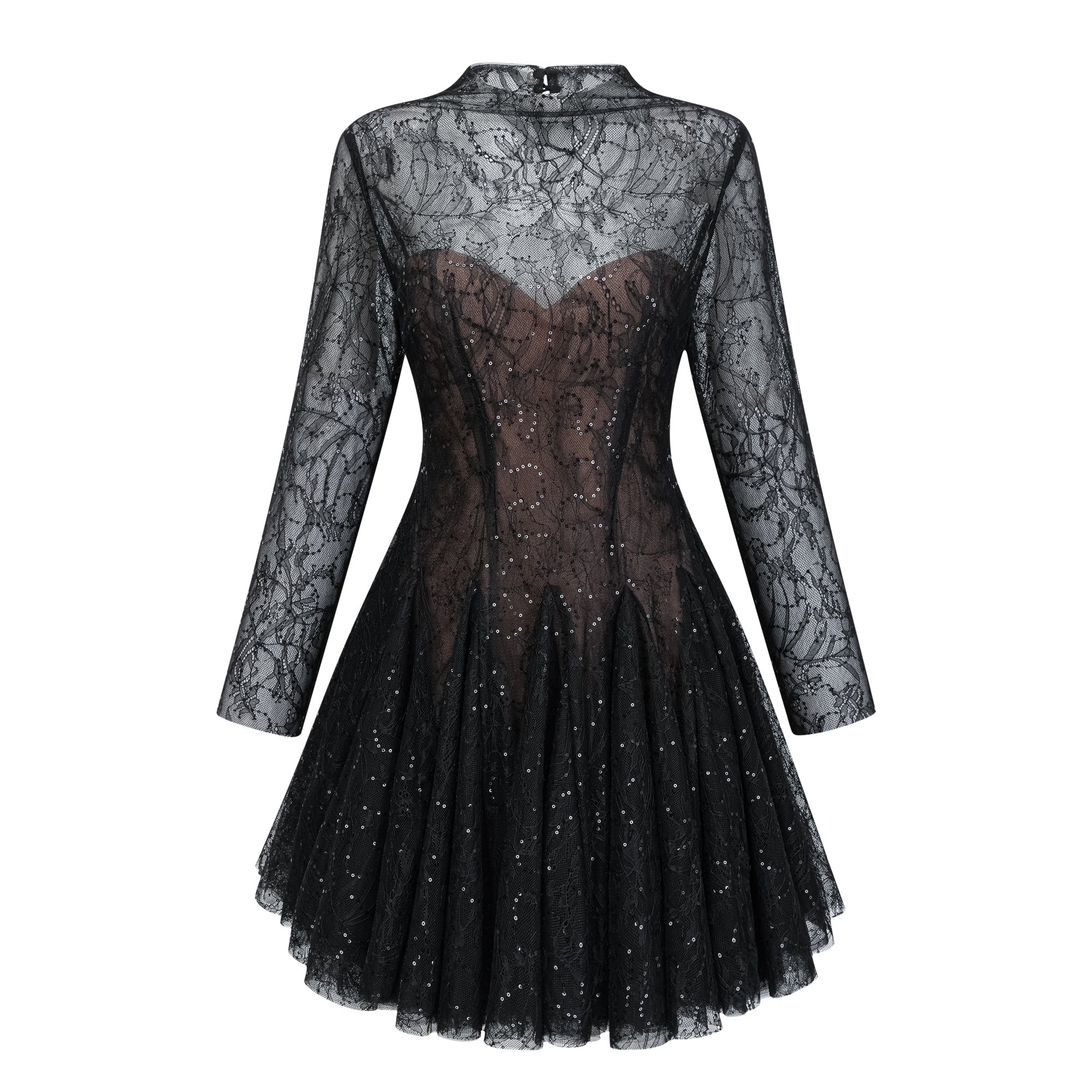 Black Sheer Lace High Neck Long Sleeve Mini Dress
