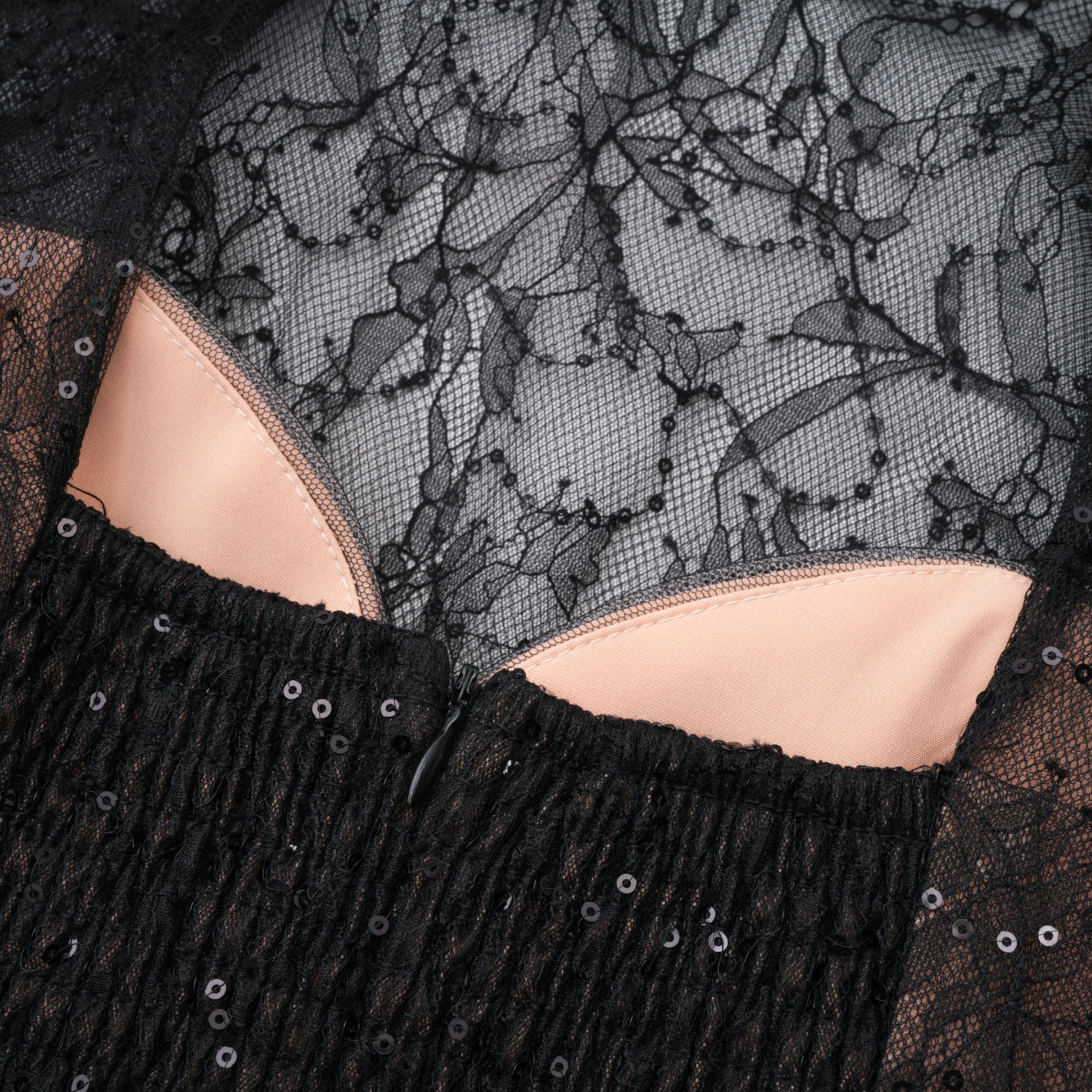 Black Sheer Lace High Neck Long Sleeve Mini Dress