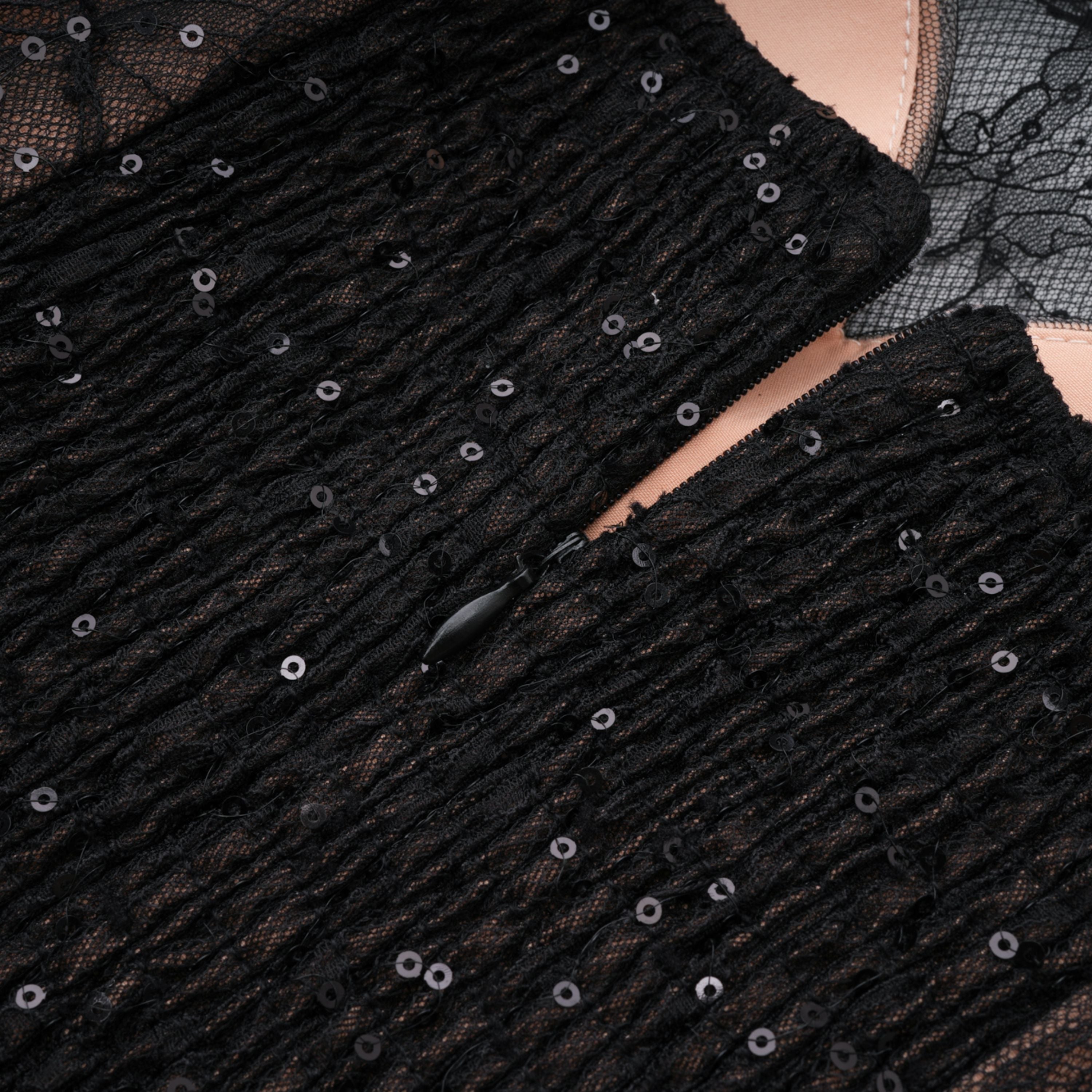 Black Sheer Lace High Neck Long Sleeve Mini Dress