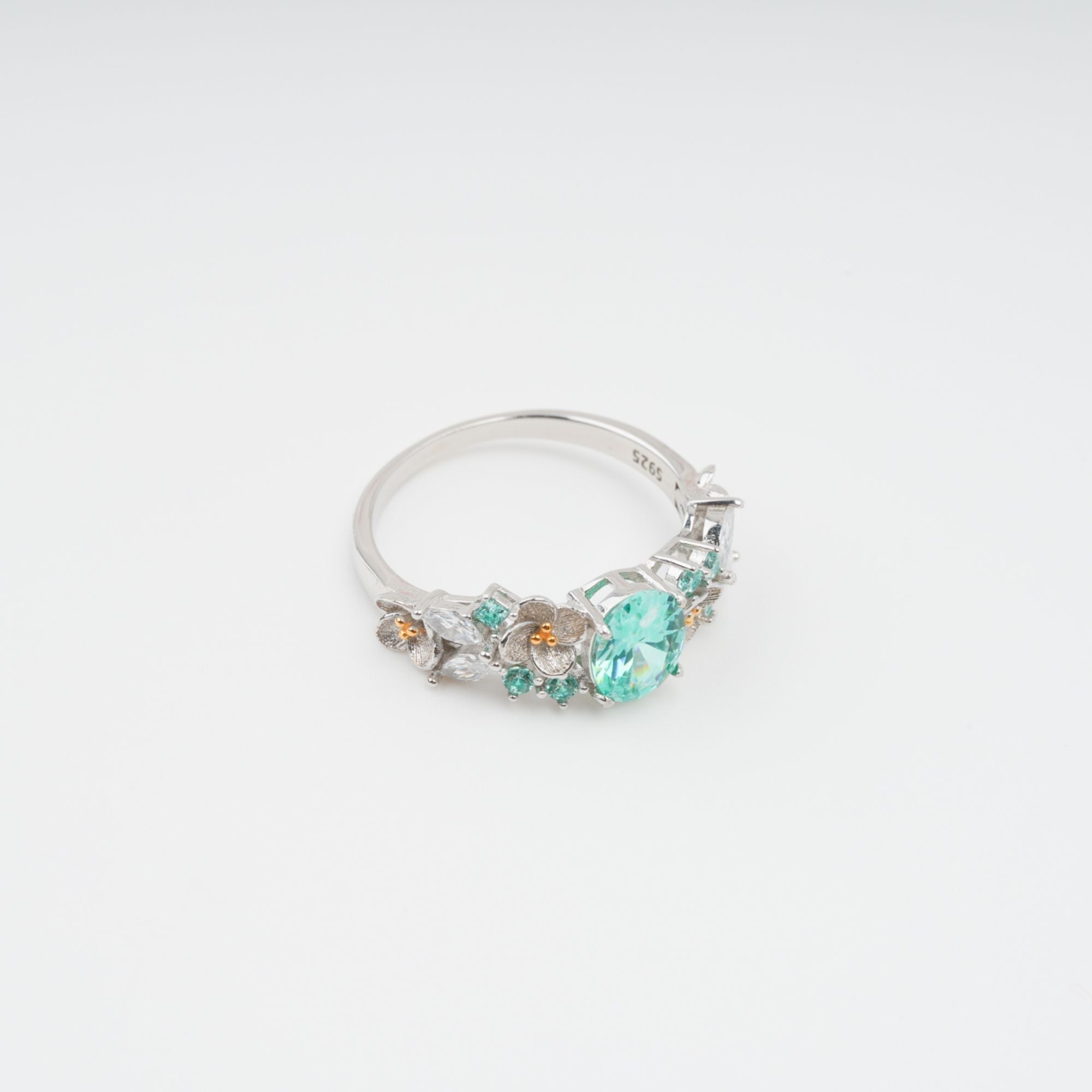 Green Crystal Embellished Sterling Silver Ring