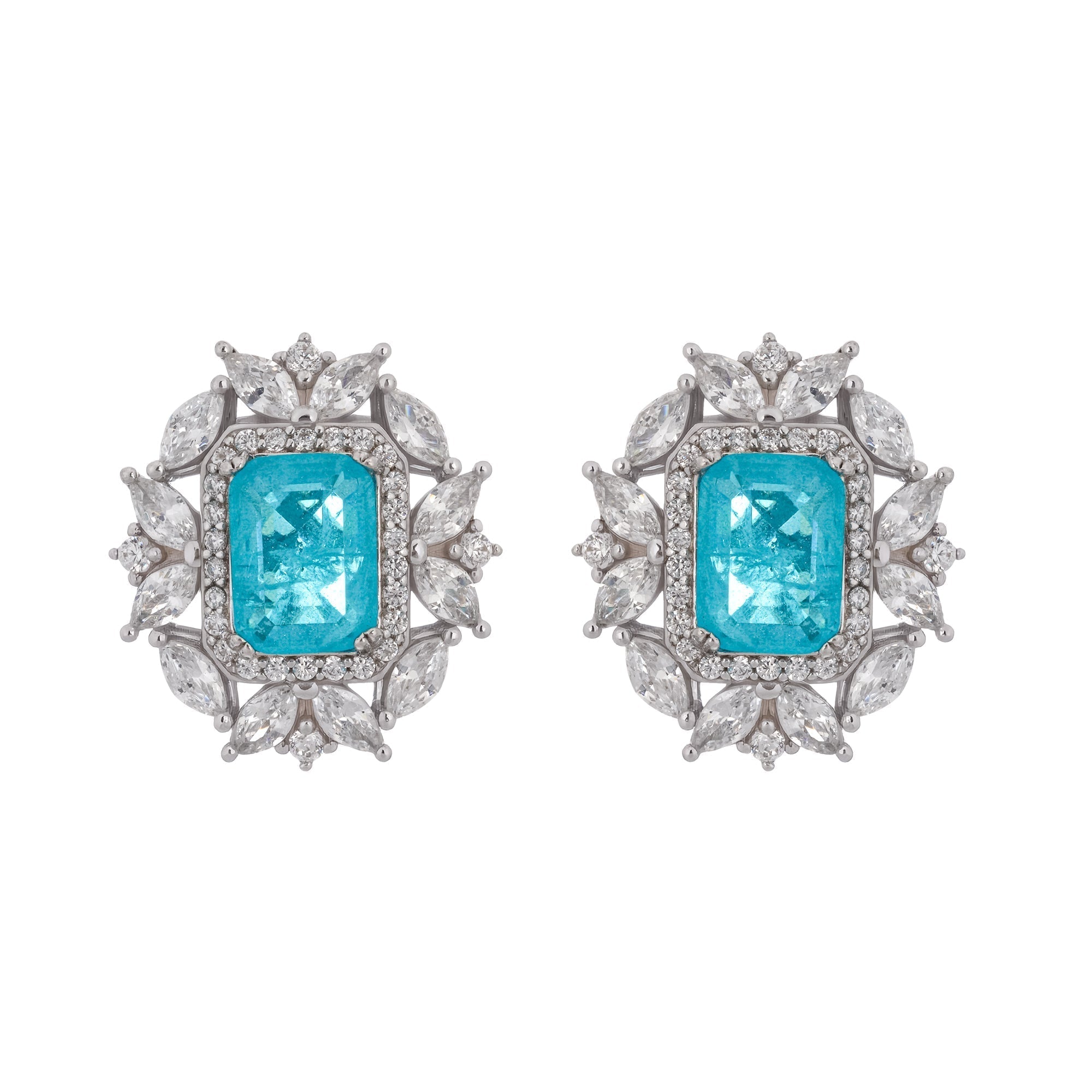 Aquamarine Emerald Cut Gemstone Sterling Silver Earrings