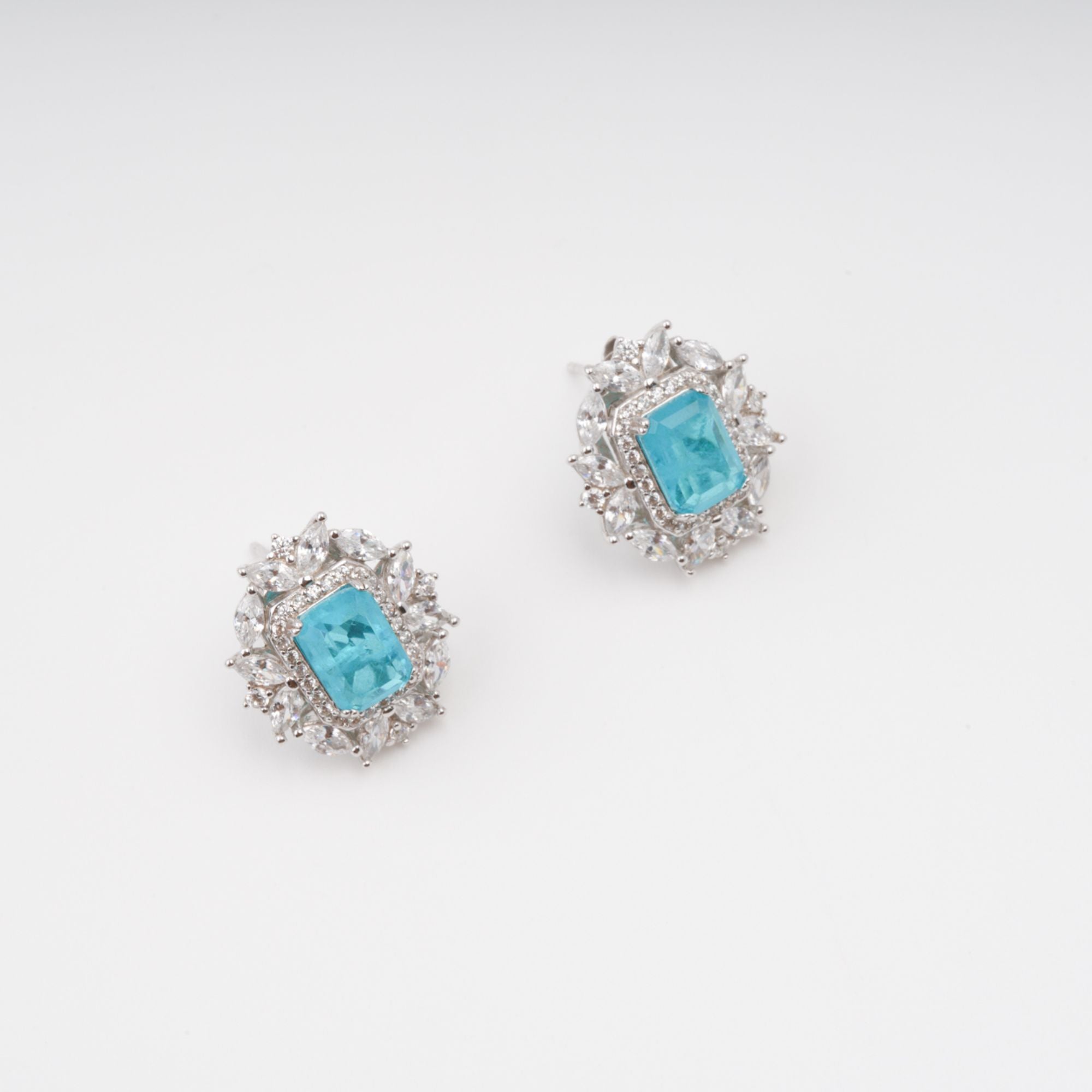 Aquamarine Emerald Cut Gemstone Sterling Silver Earrings