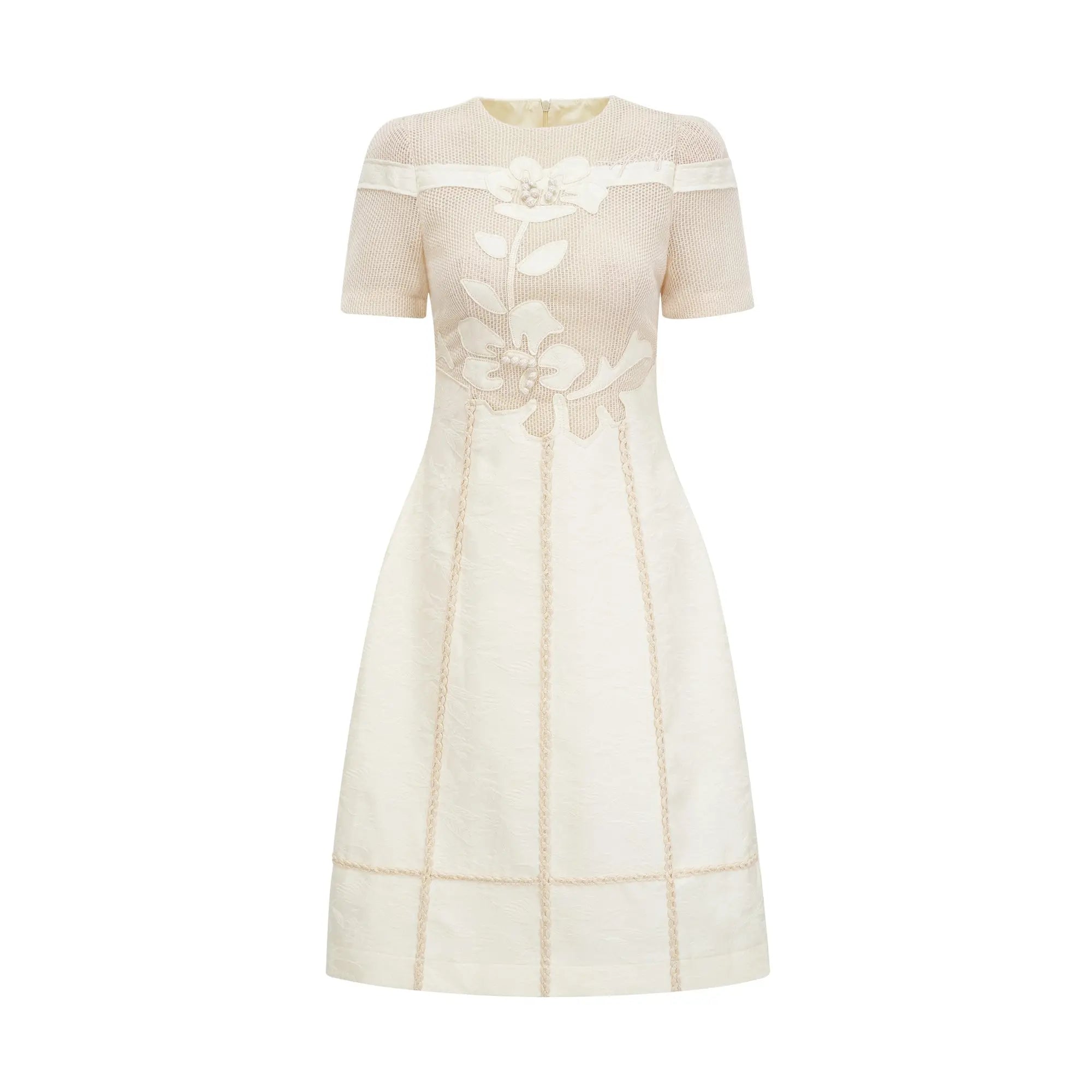 3D Floral Embroidered Hollow Midi Dress in Apricot