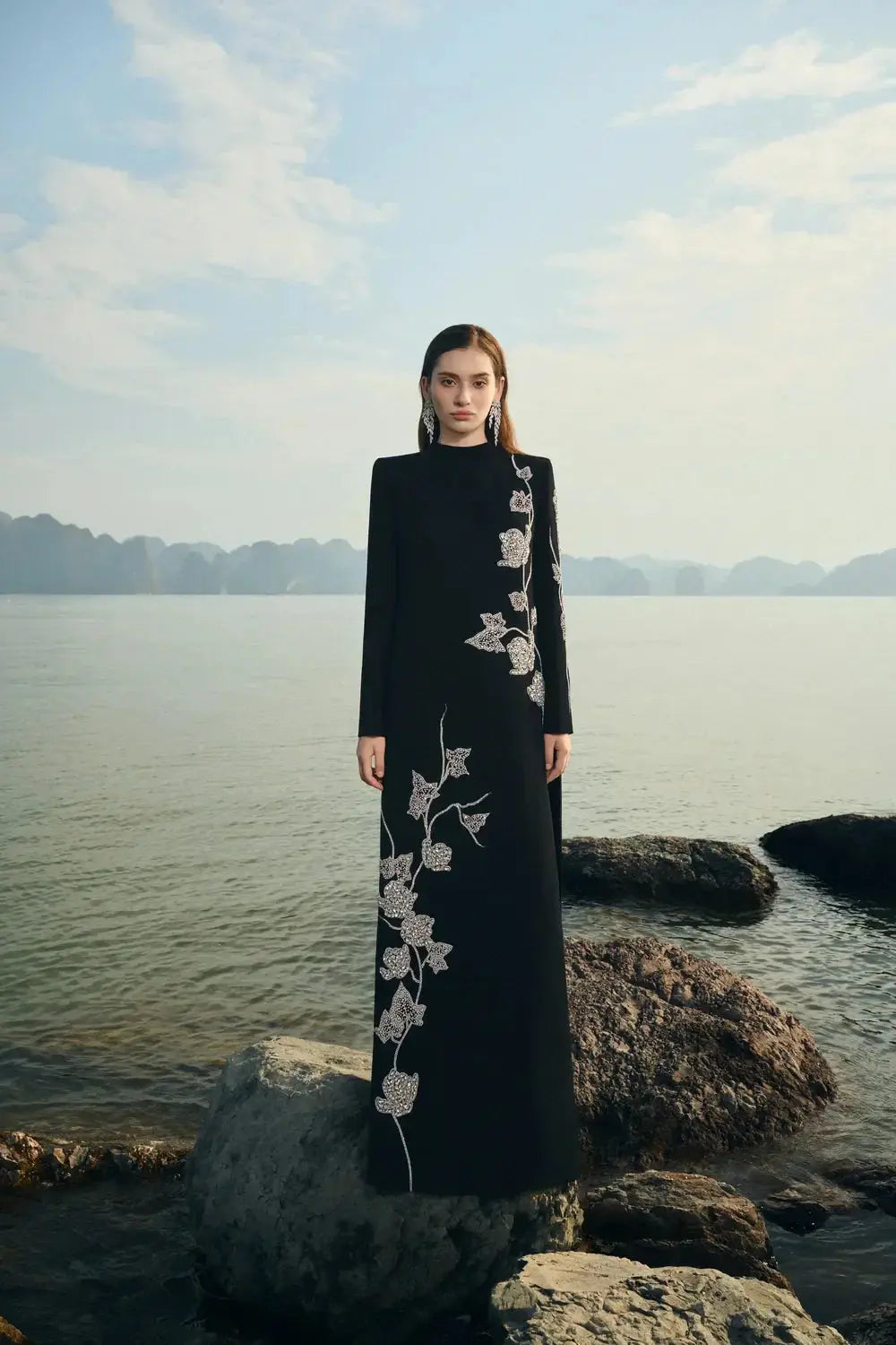 High Neck Crystal Embellished Maxi Dress in Black