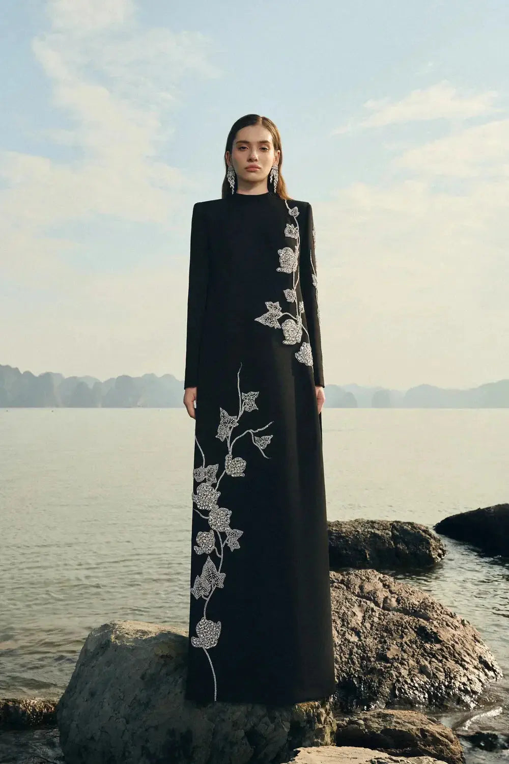 High Neck Crystal Embellished Maxi Dress in Black