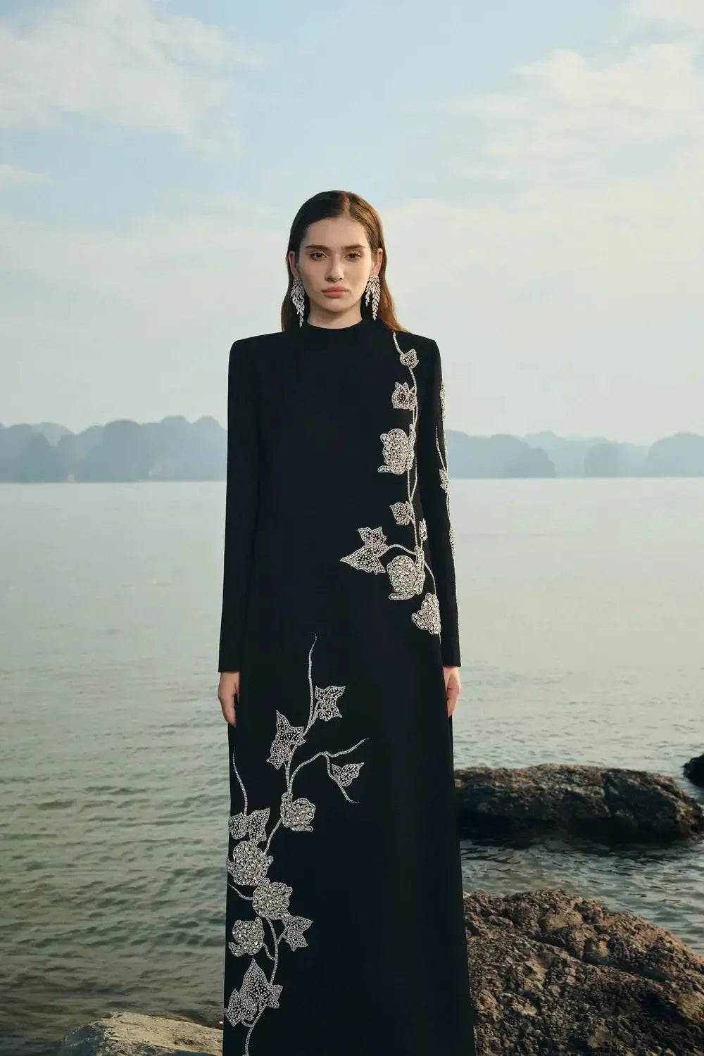 High Neck Crystal Embellished Maxi Dress in Black