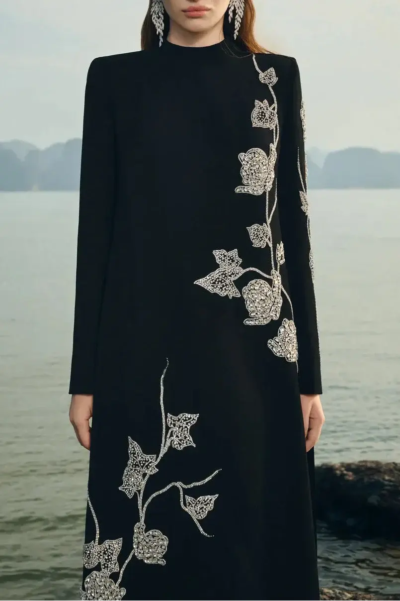 High Neck Crystal Embellished Maxi Dress in Black
