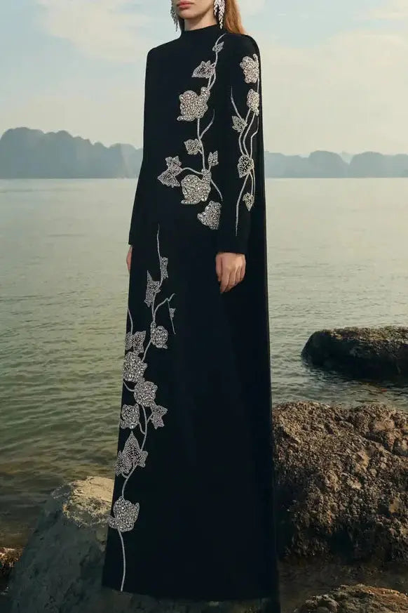 High Neck Crystal Embellished Maxi Dress in Black