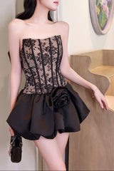 Flower Bud Puffy Mini Dress in Black