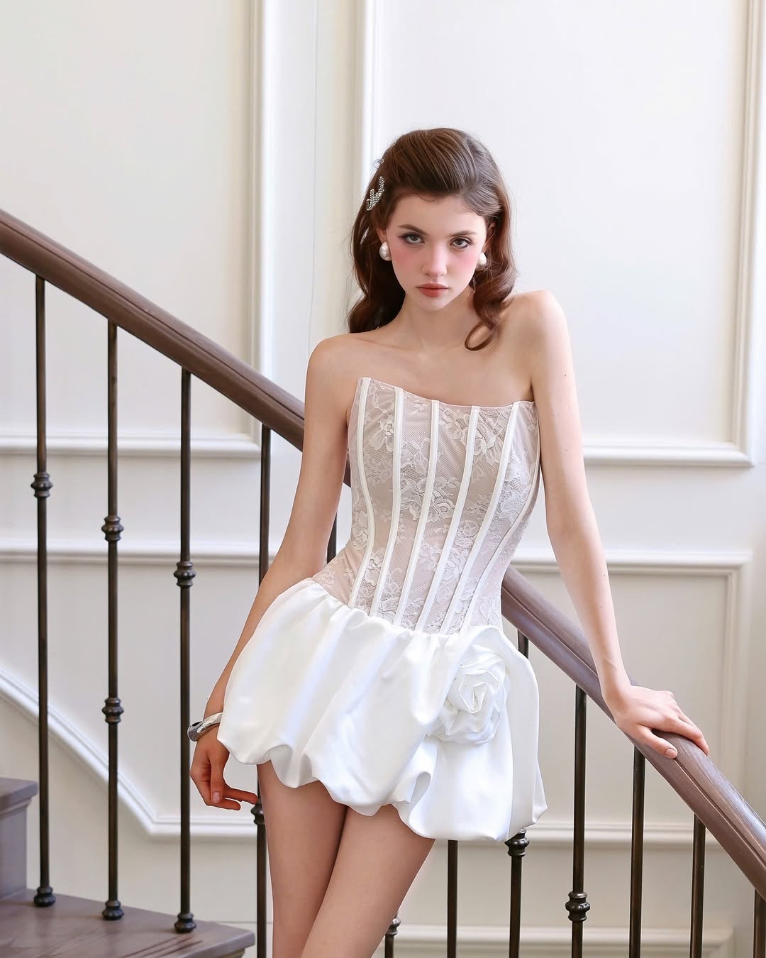 Flower Bud Puffy Mini Dress in White