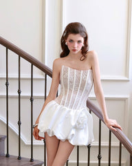Flower Bud Puffy Mini Dress in White