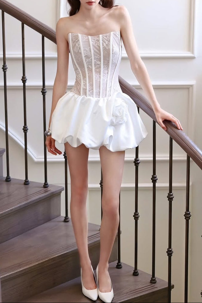 Flower Bud Puffy Mini Dress in White