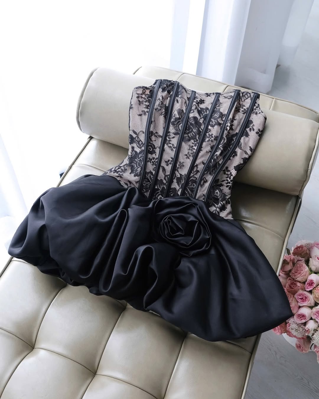 Flower Bud Puffy Mini Dress in Black