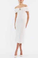 Off Shoulder Crystal Embellished Midi Dress