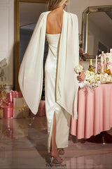 Cape Flower Sequin Satin Maxi Dress in Ivory