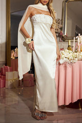 Cape Flower Sequin Satin Maxi Dress in Ivory